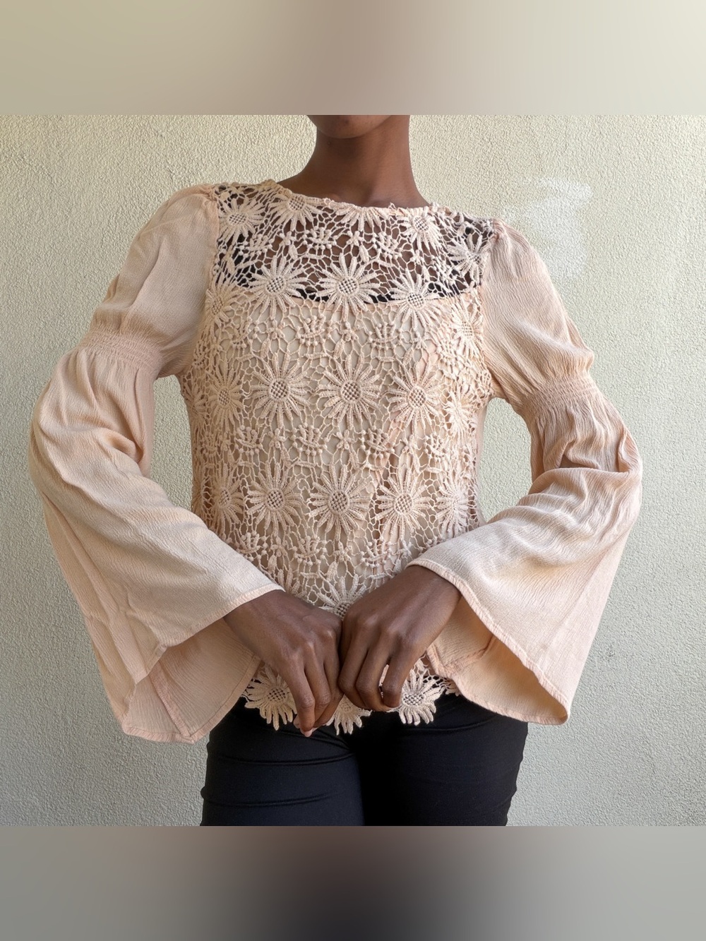 Blu Pepper Blush Crochet Floral Bell Sleeve Blouse